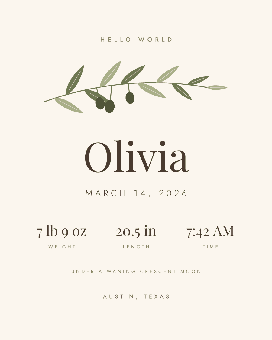 Olive branch birth poster for Olivia: Illustrated