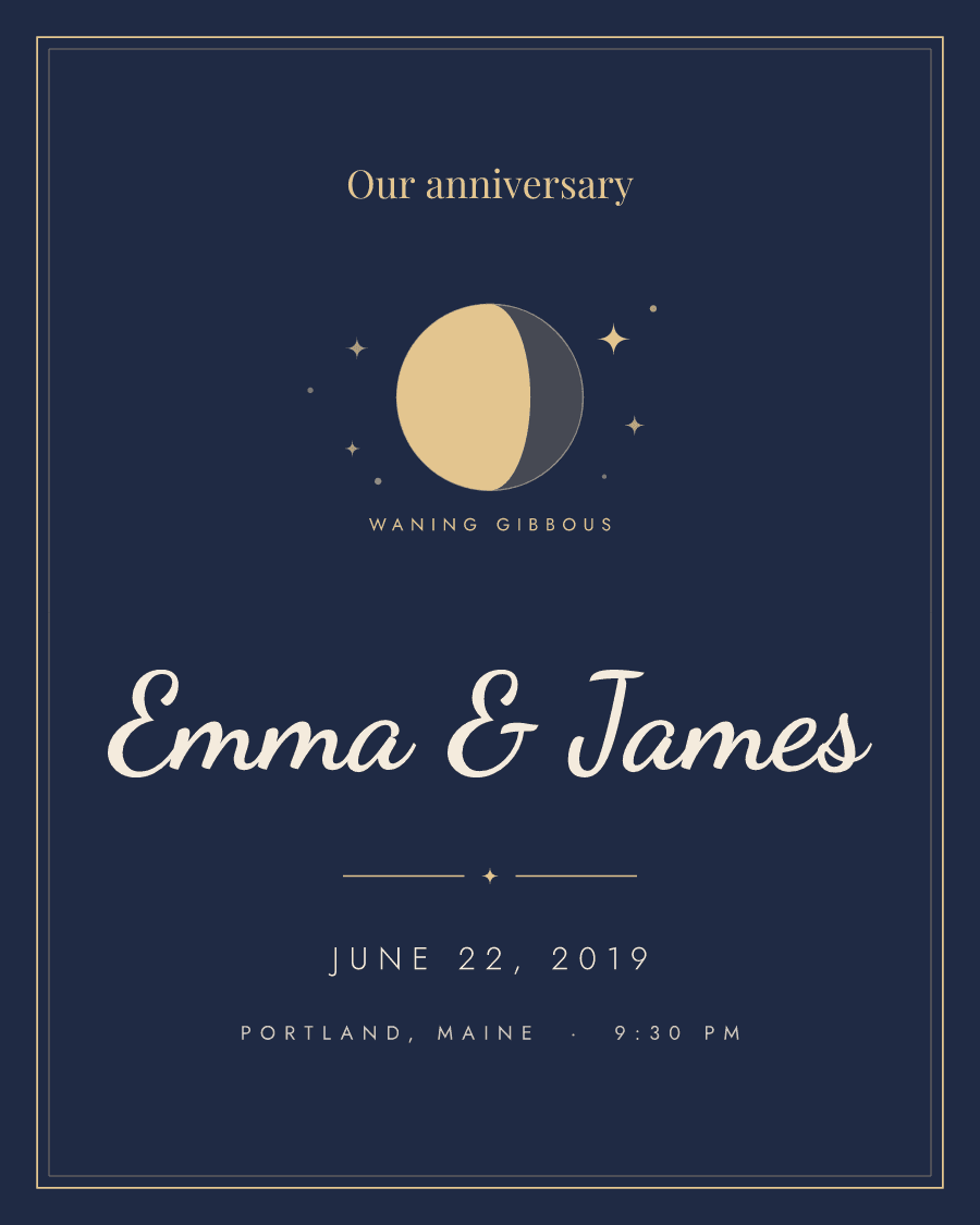 Custom moon phase print with two names, a date and the moon as it was that night